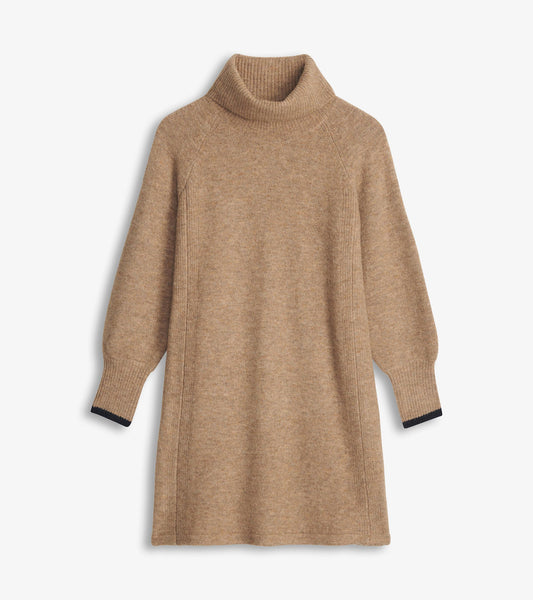 Oatmeal heather long-sleeve sweater dress with turtleneck and ribbed cuffs, front view