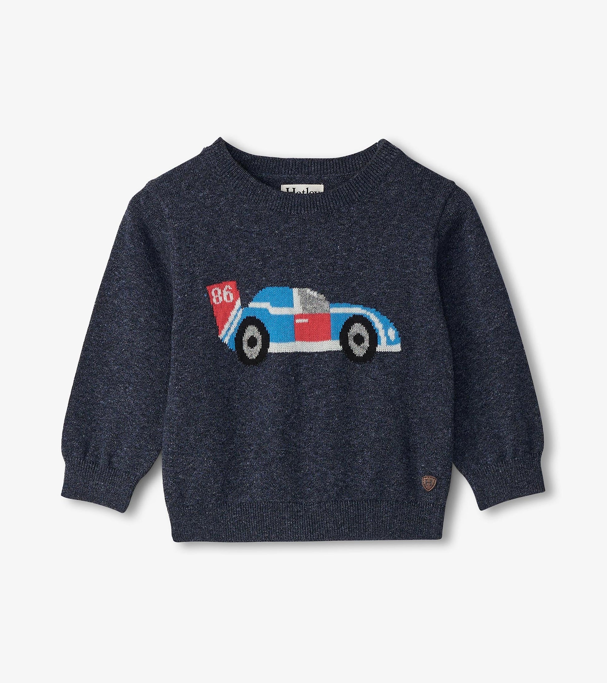 Navy crew neck sweater featuring a colorful racecar design, suitable for baby and toddler boys.