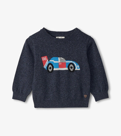 Navy crew neck sweater featuring a colorful racecar design, suitable for baby and toddler boys.