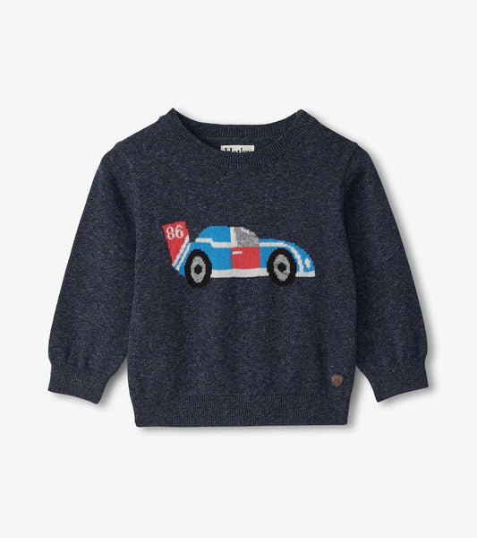 Navy crew neck sweater featuring a colorful racecar design, suitable for baby and toddler boys.
