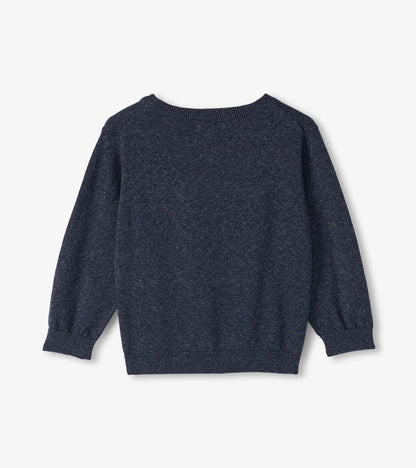 Navy blue crew neck sweater for baby and toddler boys, featuring long sleeves and a soft knit texture.