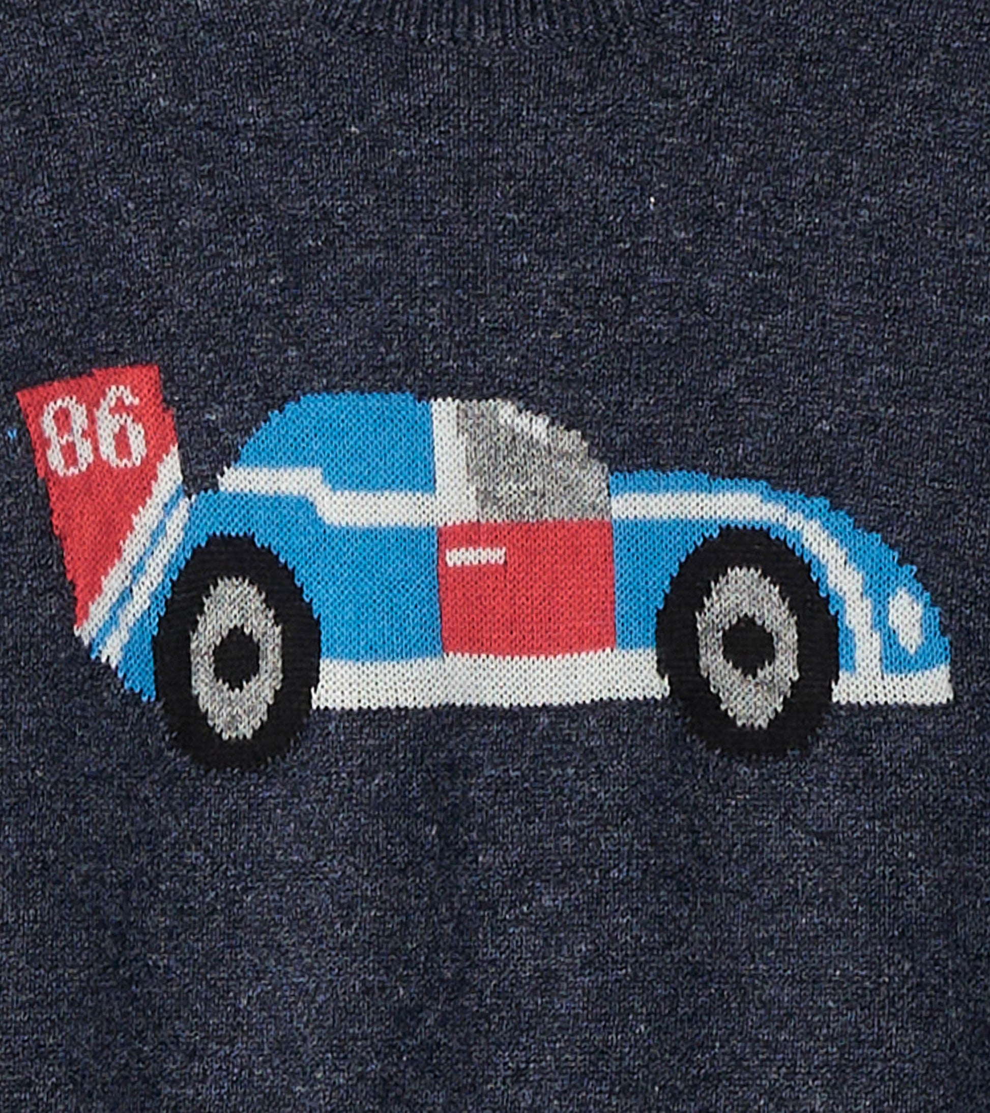 Navy crew neck sweater featuring a colorful racecar graphic on the front, suitable for baby and toddler boys.