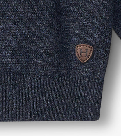 Navy crew neck sweater for baby and toddler boys, featuring a textured knit and a small brown logo patch.