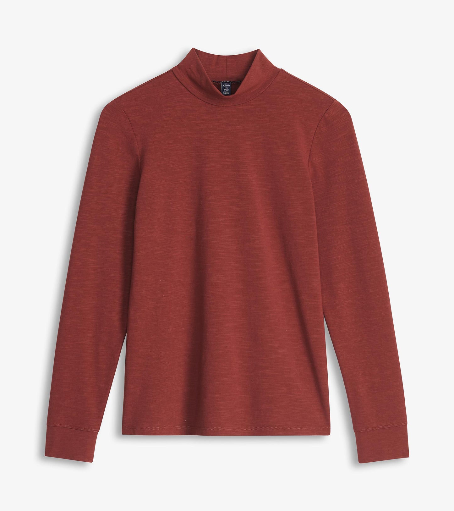 Russet brown long sleeve mock neck top, front flat lay