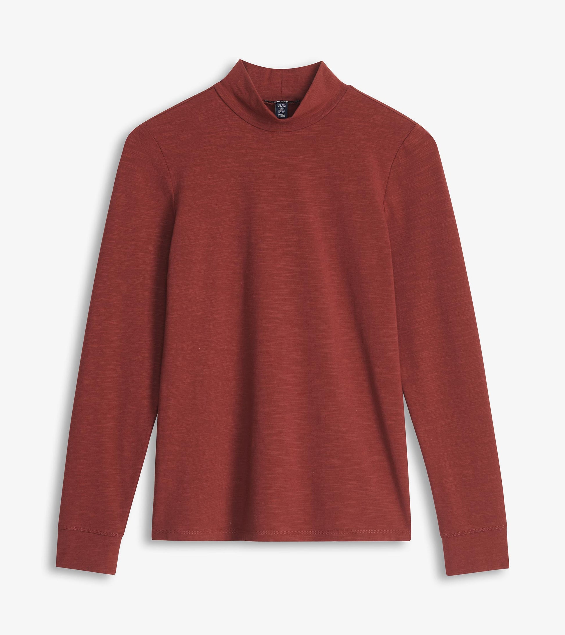 Russet brown long sleeve mock neck top, front flat lay