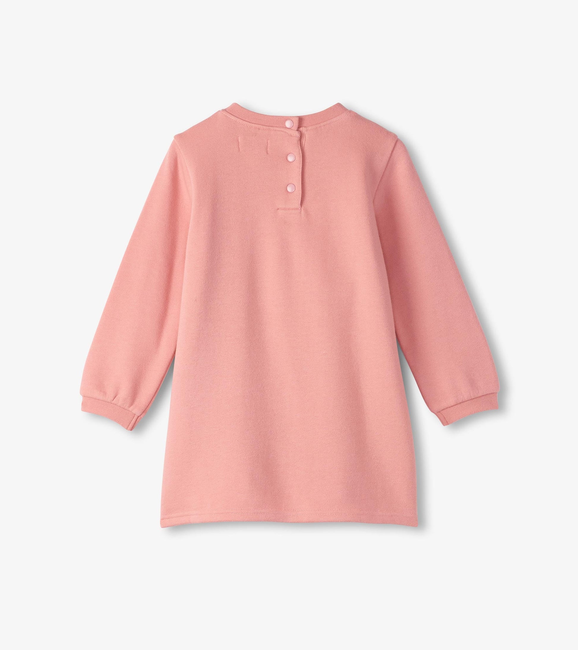 Back view of a cozy pink dress for baby and toddler girls, featuring long sleeves and button closure at the neck.