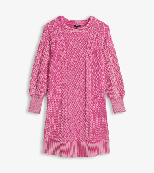 Raspberry pink cable knit long-sleeve dress with crew neck and ribbed cuffs and hem