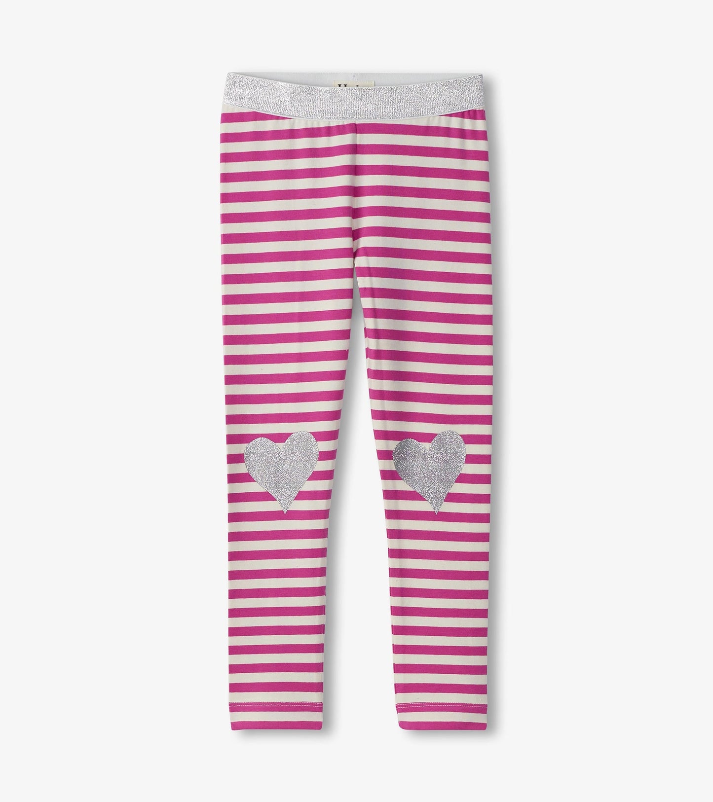 Pink and white striped leggings with silver glitter heart accents on the knees and a sparkly waistband.