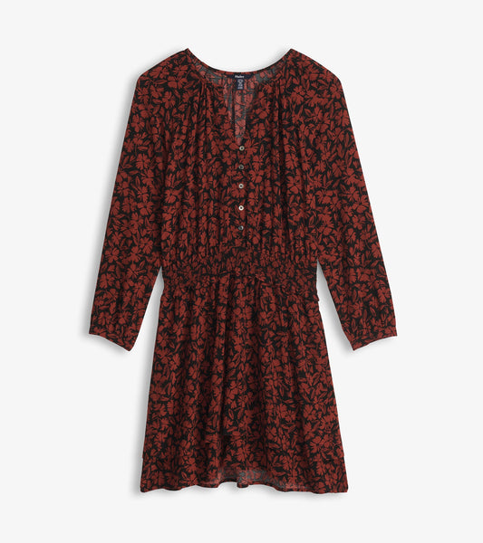 Long-sleeve black dress with rust floral print, button front, smocked waist, and gathered skirt, front view