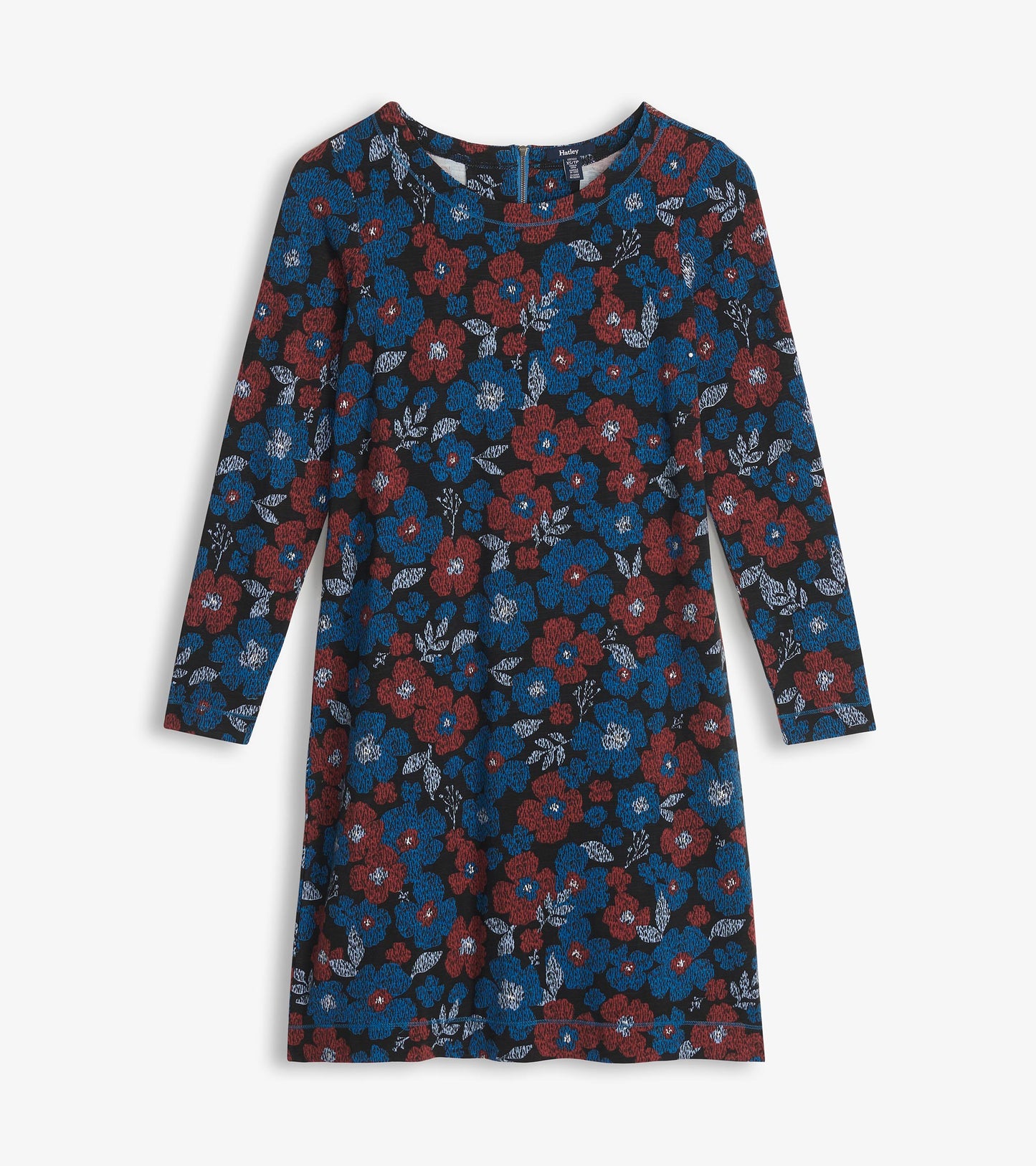 Black long-sleeve dress with blue and red floral print, round neckline, and knee-length hem, front view