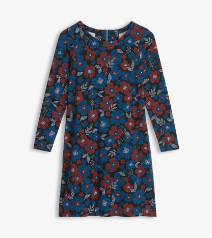Black long-sleeve dress with blue and red floral print, round neckline, and knee-length hem, front view