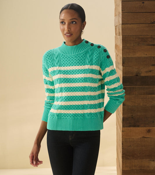 Pull Col Boutonné - Rayures Turquoise