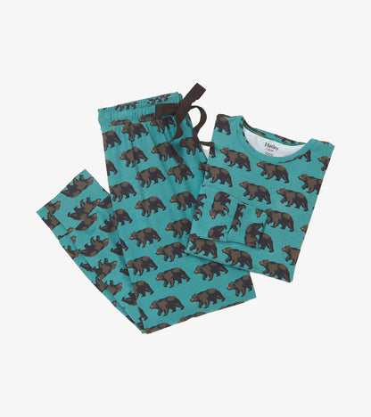 Teal bamboo pajama set featuring a playful bear pattern, includes a short-sleeve top and matching pants with an elastic wais…
