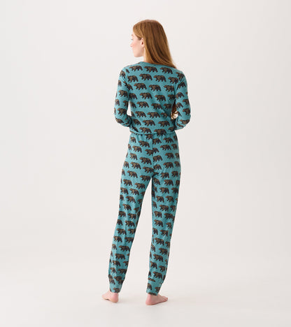 Bamboo pajama set in teal with a bear print, featuring long sleeves and pants, shown from the back.