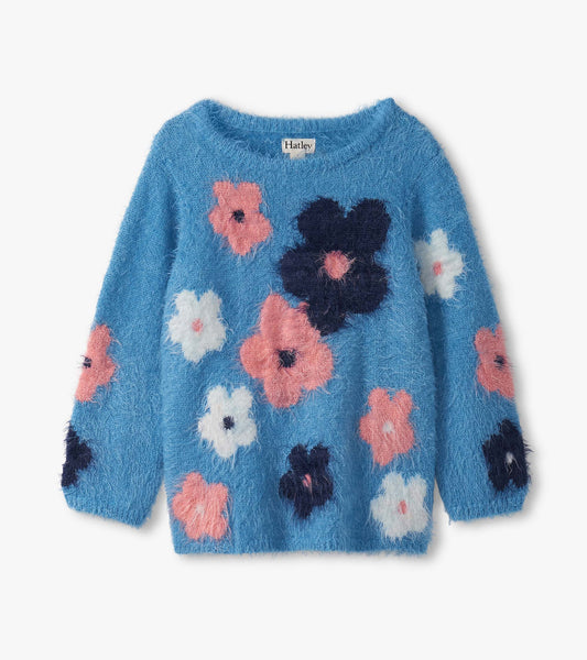 Girls Floral Cluster Furry Sweater
