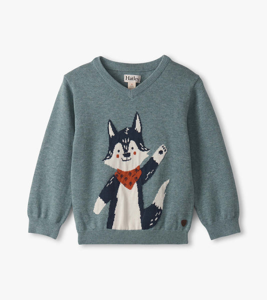 V-neck sweater in teal with a friendly wolf graphic and orange scarf, designed for baby and toddler boys.