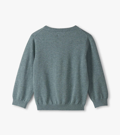 Light blue v-neck sweater for baby and toddler boys, featuring long sleeves and ribbed cuffs.