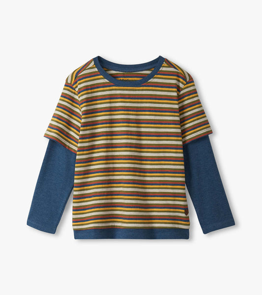 T-shirt trompe-l’œil à manches longues pour garçon – Rayures automnales