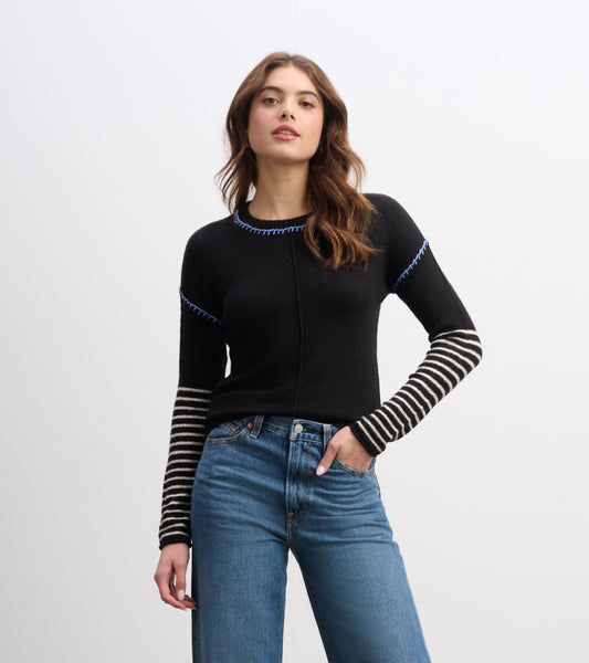 Black sweater with contrasting striped sleeves and blue stitching details, styled with high-waisted jeans.