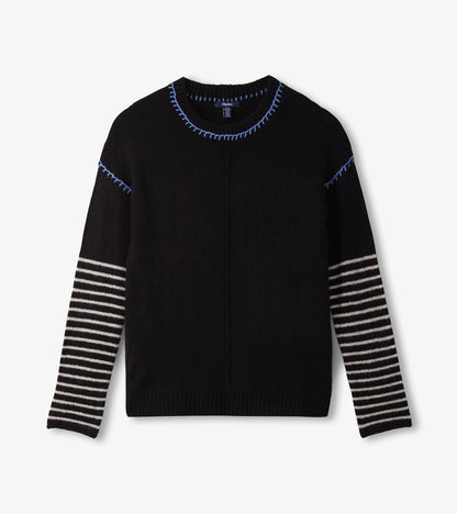 Black sweater with blue stitching and striped sleeves, featuring a round neckline and long sleeves.