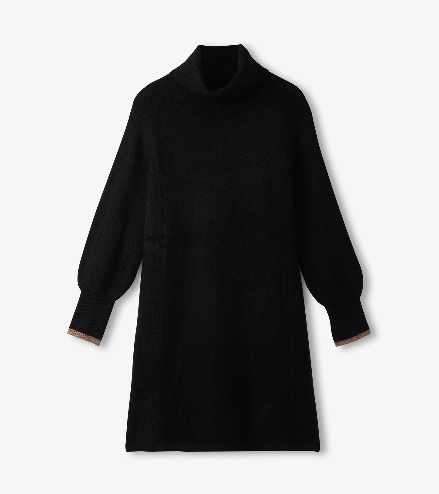 Black sweater dress with a high collar and balloon sleeves, featuring ribbed cuffs and a relaxed fit.