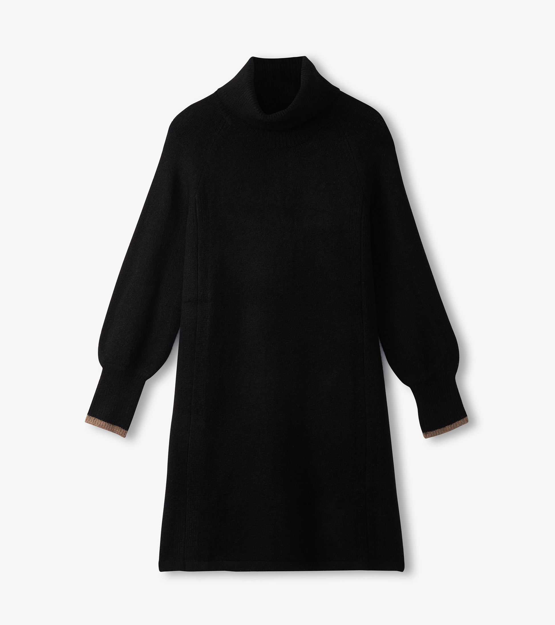 Black sweater dress with a high collar and balloon sleeves, featuring ribbed cuffs and a relaxed fit.
