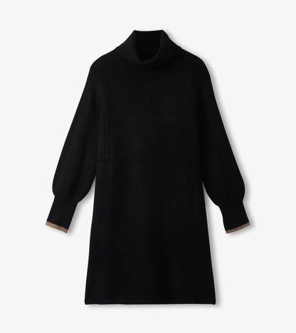 Black sweater dress with a high collar and balloon sleeves, featuring ribbed cuffs and a relaxed fit.
