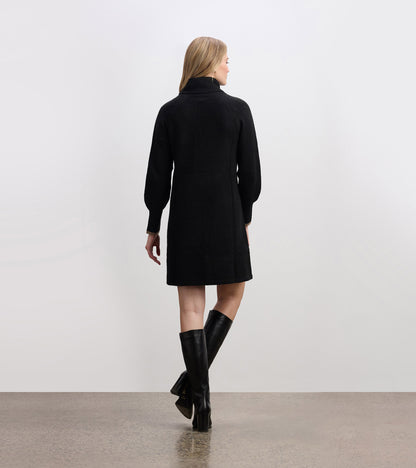 Black sweater dress with a high collar and long sleeves, featuring a relaxed fit and knee-length design.