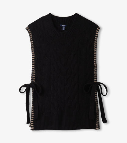 Black side-tie sweater vest with cable knit texture and striped trim along the sides.