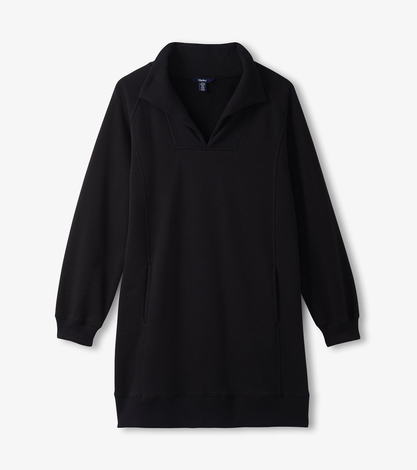 Black notch neck dress with long sleeves and side pockets, made from soft fabric, suitable for casual wear.