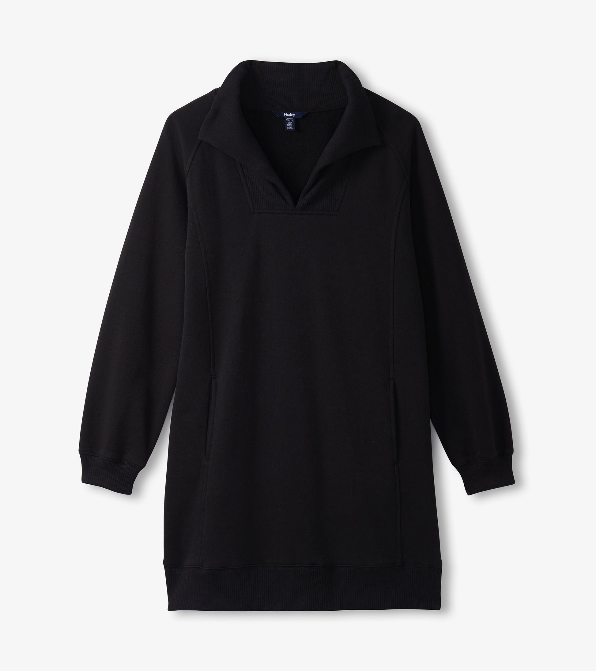 Black notch neck dress with long sleeves and side pockets, made from soft fabric, suitable for casual wear.