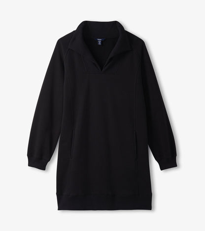 Black notch neck dress with long sleeves and side pockets, made from soft fabric, suitable for casual wear.