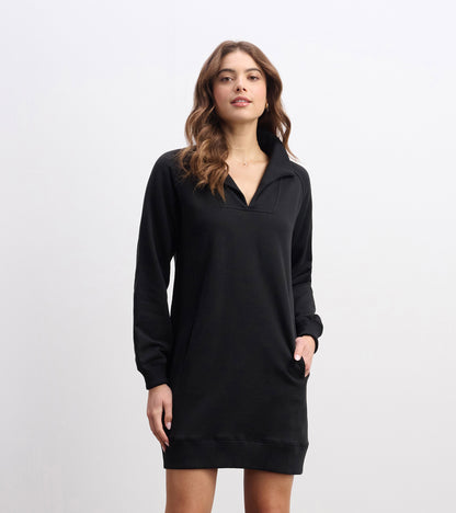 Black notch neck dress with long sleeves and side pockets, designed for a relaxed fit.