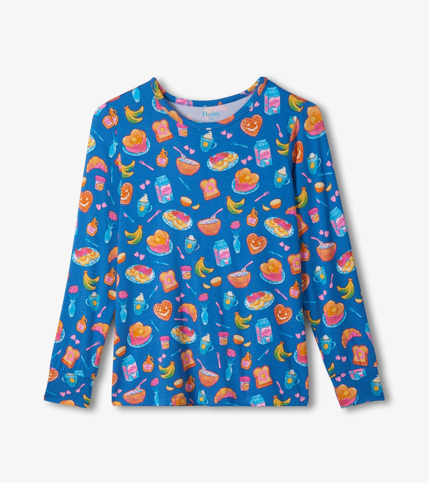 Pyjama en bambou pour femme – Motifs de déjeuner sur fond bleu