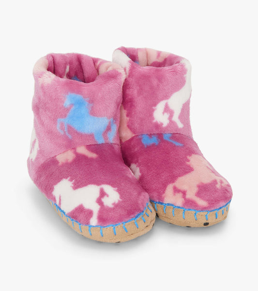 Girls Beautiful Horses Fuzzy Fleece Slippers