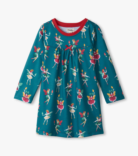 Teal long sleeve nightdress featuring colorful fairy prints and a red neckline, perfect for girls.