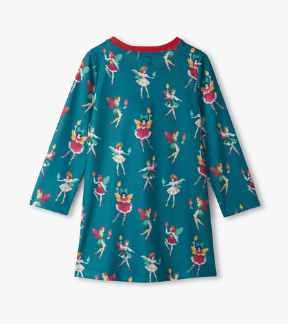 Teal long sleeve nightdress featuring colorful fairy prints and a red neckline, suitable for girls.