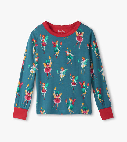 Teal long-sleeve pajama top featuring colorful fairy illustrations and a red neckline. Soft bamboo fabric for comfort.