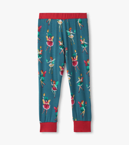 Teal bamboo pajama pants featuring colorful fairy prints and a red elastic waistband.
