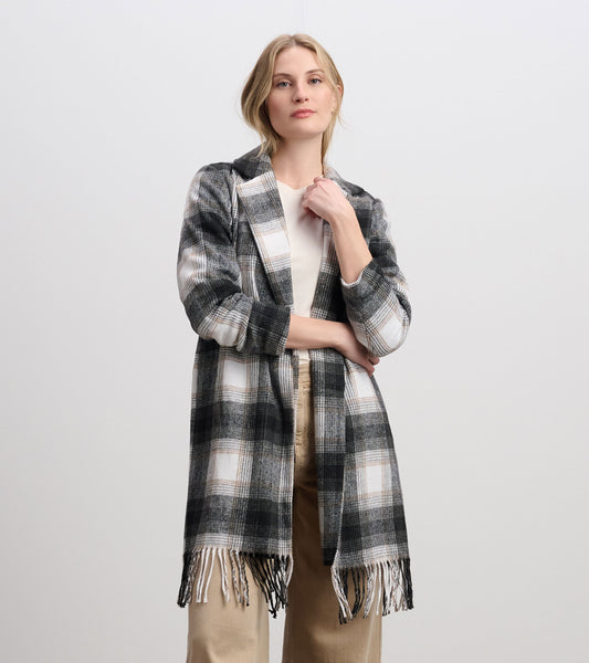 Manteau orné de franges pour femme – Motif écossais noir et taupe