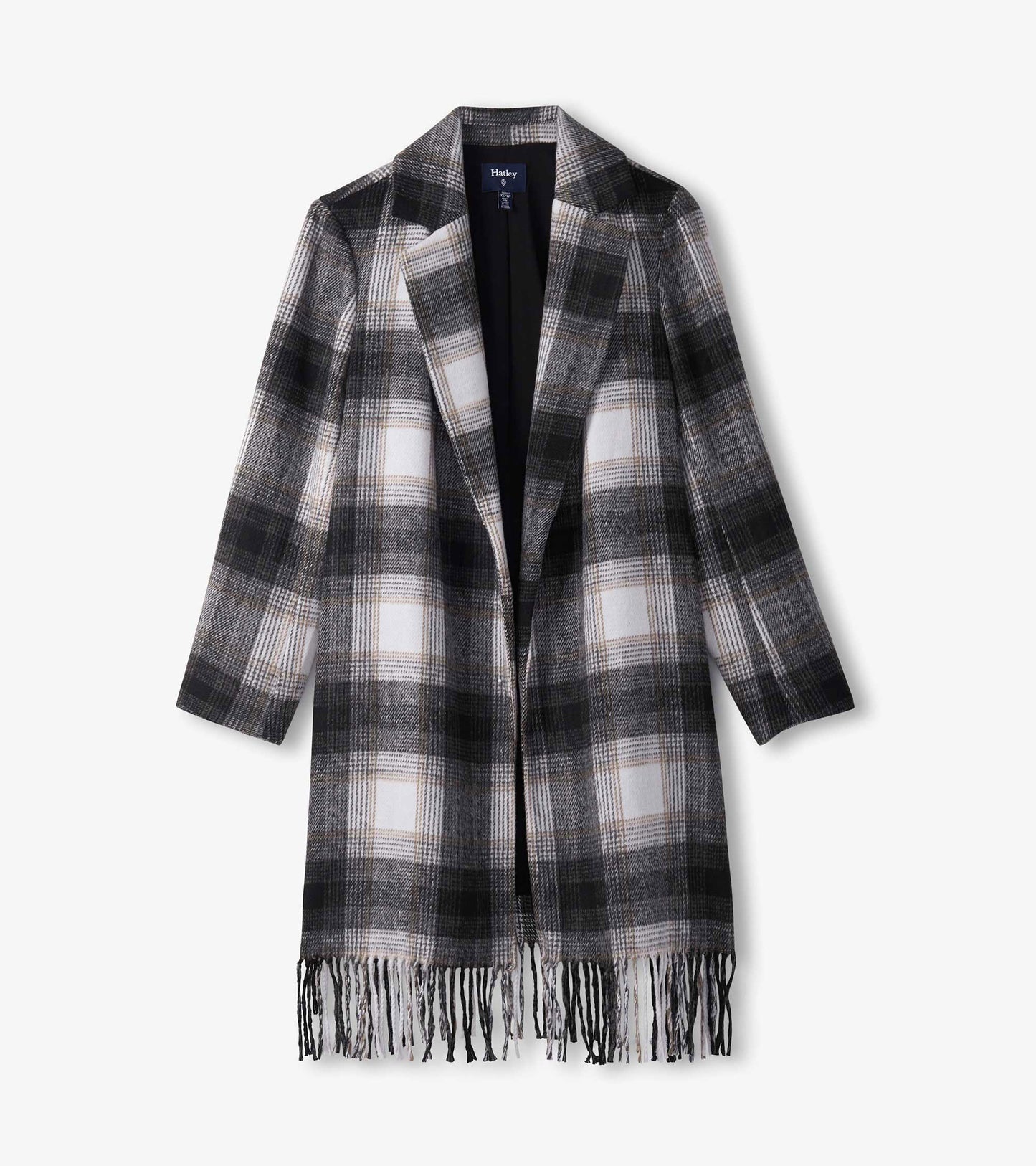 Manteau orné de franges pour femme – Motif écossais noir et taupe