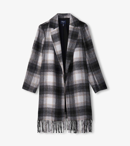 Manteau orné de franges pour femme – Motif écossais noir et taupe