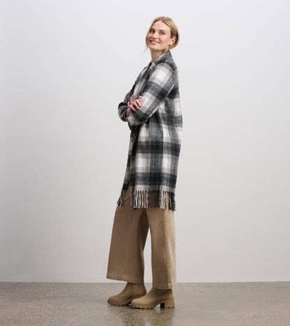 Manteau orné de franges pour femme – Motif écossais noir et taupe