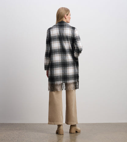 Manteau orné de franges pour femme – Motif écossais noir et taupe