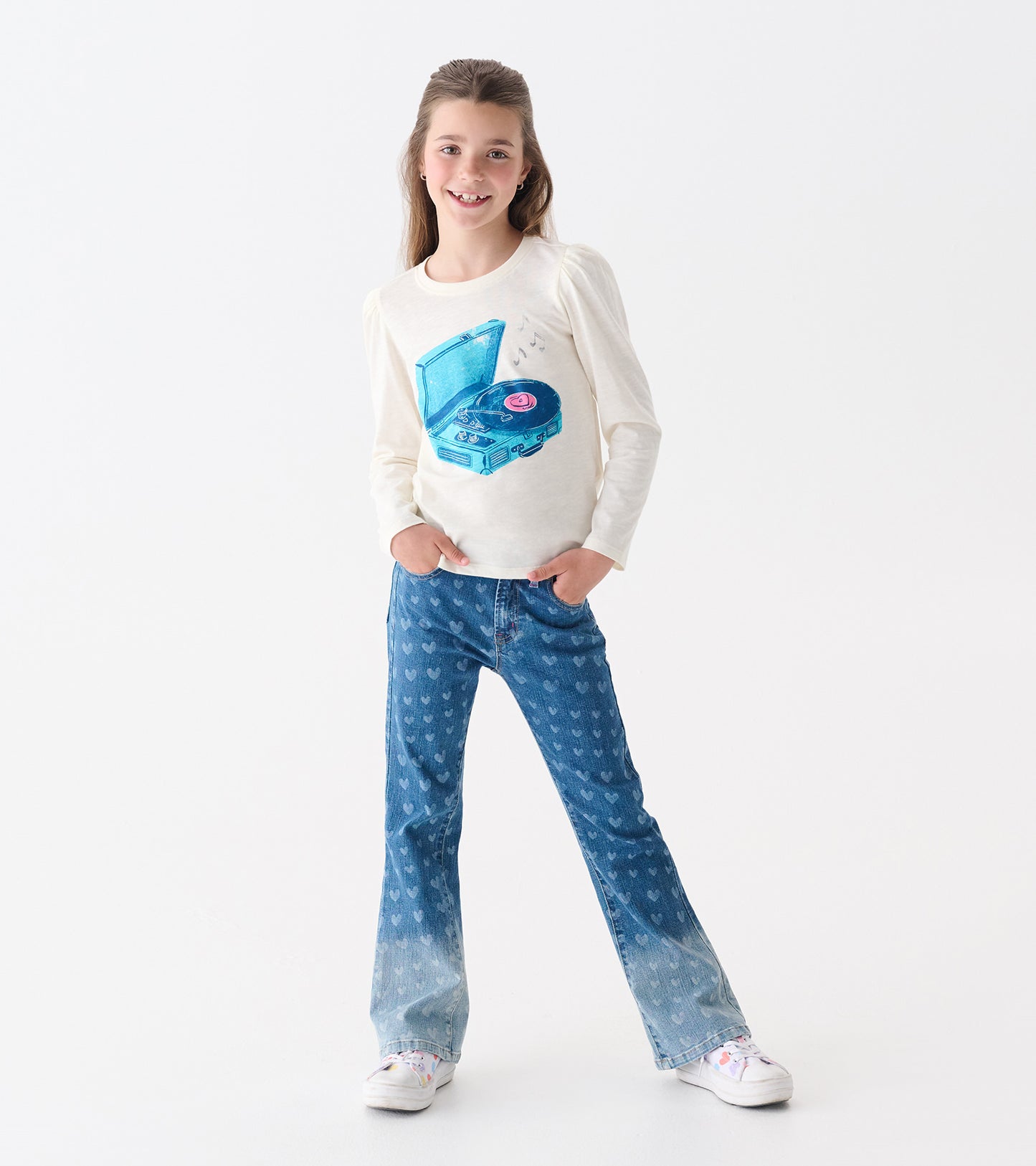 Girls Record Player Puff Sleeve Graphic Tee