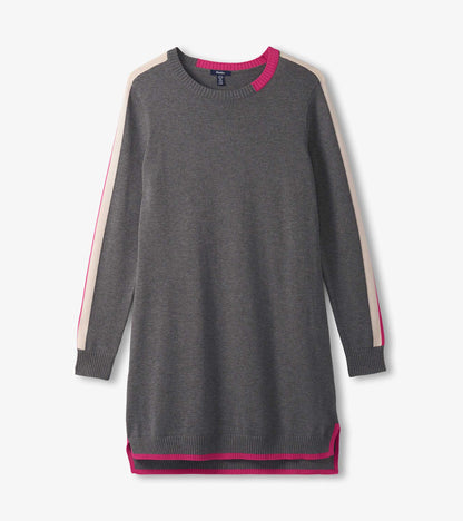 Charcoal sweater dress with contrast pink and beige trim, featuring a crew neck and long sleeves.