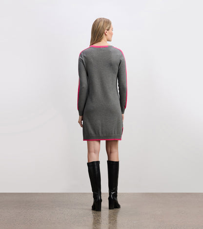 Charcoal sweater dress with contrast pink trim, long sleeves, and a fitted silhouette, viewed from the back.