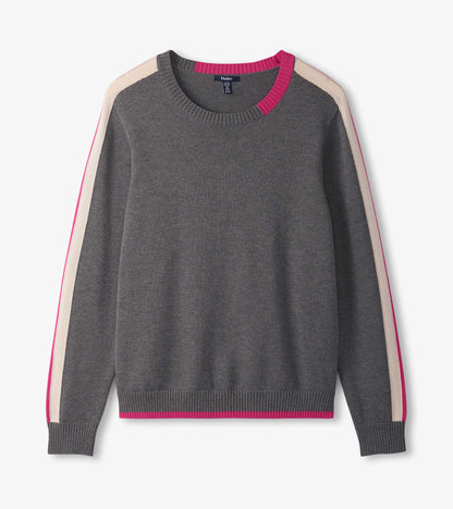 Charcoal sweater featuring contrast trim in pink and cream, with a crew neckline and ribbed cuffs.