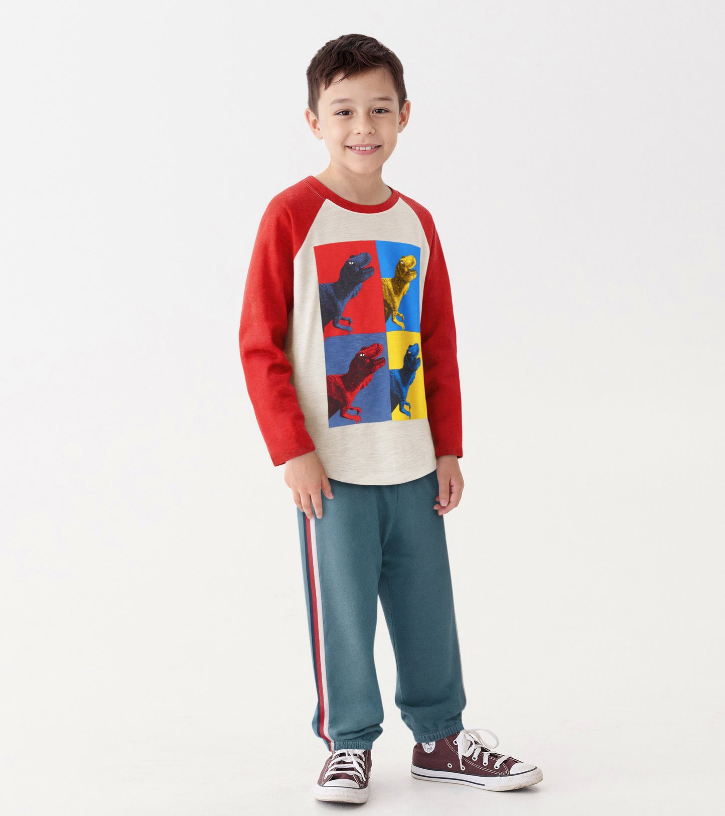 T-shirt à manches longues raglan pour garçon – Carreaux de dinosaure