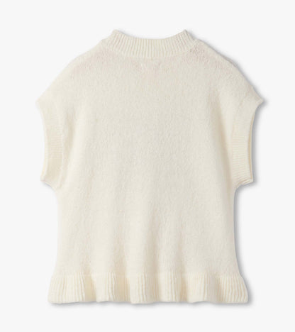 Cream-colored sleeveless sweater vest with a ribbed hem and high neckline, showcasing a soft knit texture.